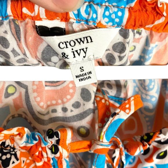 CROWN & IVY XL Boho Peasant Top tunic paisley printed tassel S - Picture 2 of 6